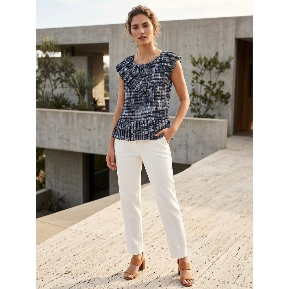 Banana Republic Blue White Abstract Print Ruffle Peplum Blouse XXS Petite